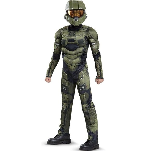 NEW Halo Master Chief Halloween Costume Boys Small 4-6 Green Mask Muscles - Picture 1 of 6